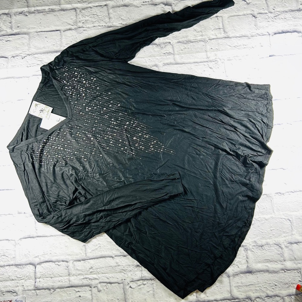 Vocal Women 2XL Black Rhinestone Embellished V-Neck Long Sleeve Knit Top Sparkle